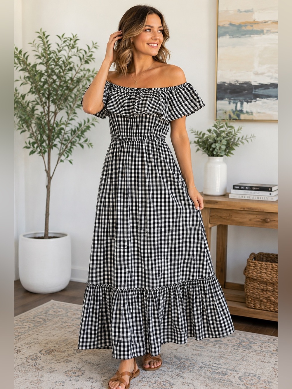 Grace Elements Black White Gingham Off Shoulder Ruffle Maxi Dress Size S